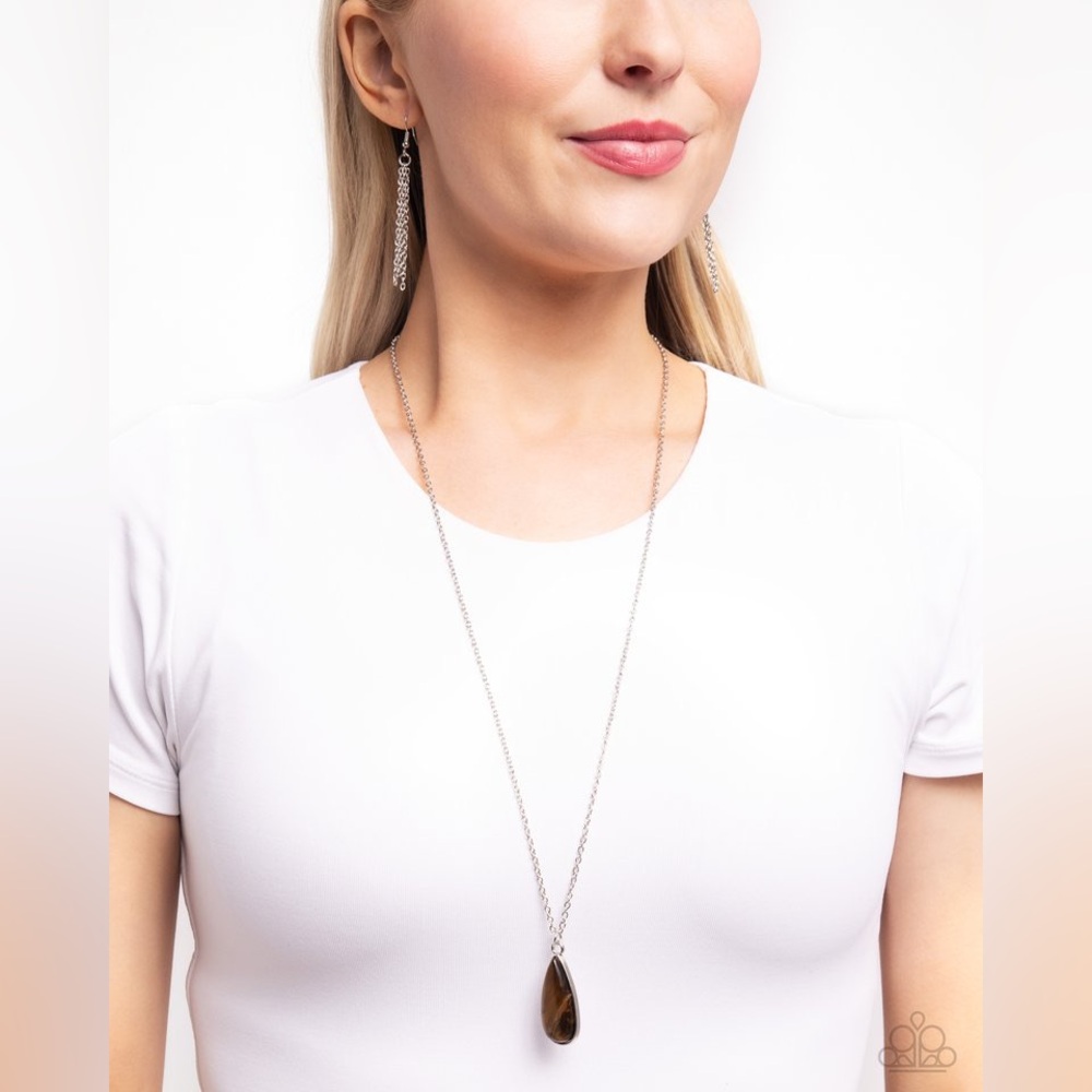 Paparazzi Silver and Brown Teardrop Necklace Set